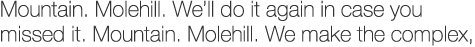Mountain. Molehill. We'll do it again in case you missed it. Mountain. Molehill. We make the complex, simple.